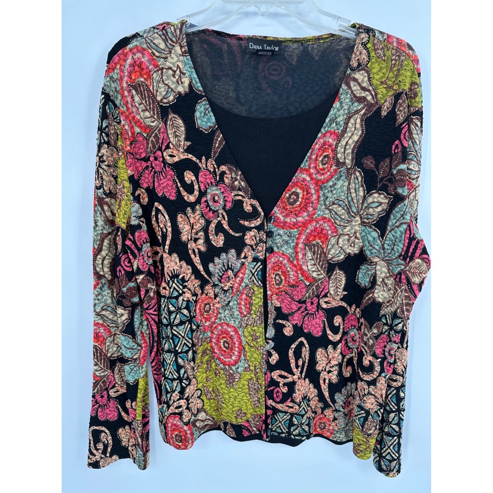 Dana‎ Taylor Womens Floral Print Long Sleeve Mesh Overlay Cardigan Top XL